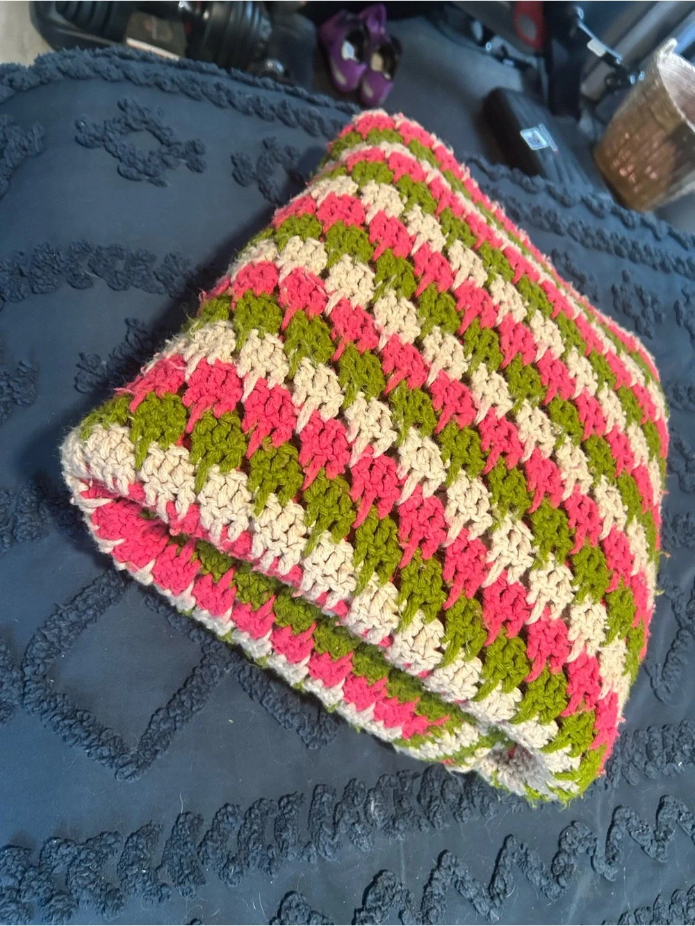Handmade Crochet Blanket in Pink, Green & Cream